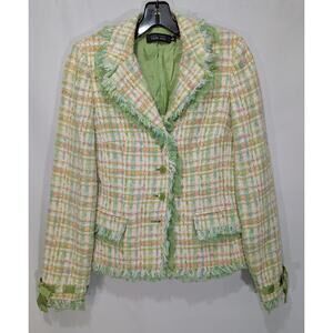 Teri Jon Rickie Freeman Green Pastel Tweed Fringe Blazer Jacket Size 4